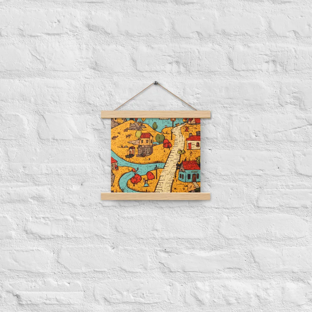 Whimsical Village Landscape | Poster With Oak Wood Hanger | 10″×10″