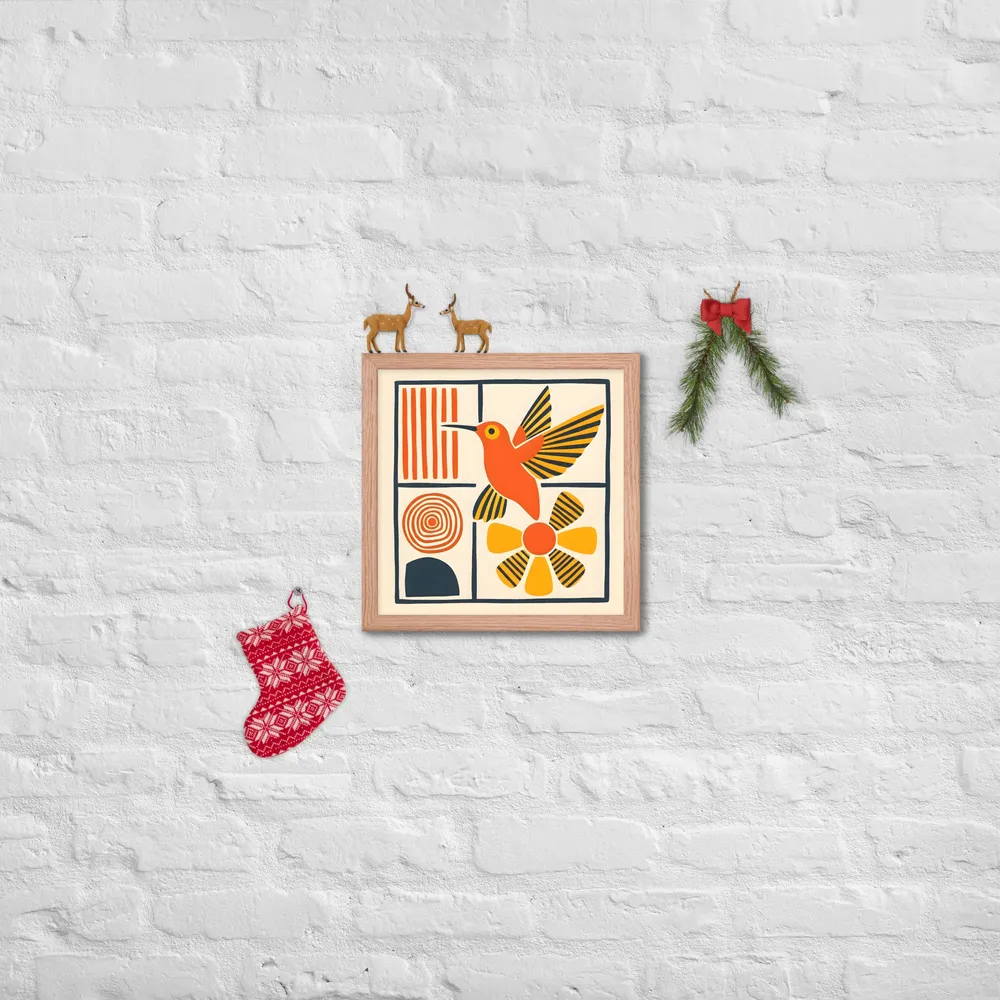 Hummingbird & Flower Panel 
 Poster with Red oak Frame | 14″x 14″