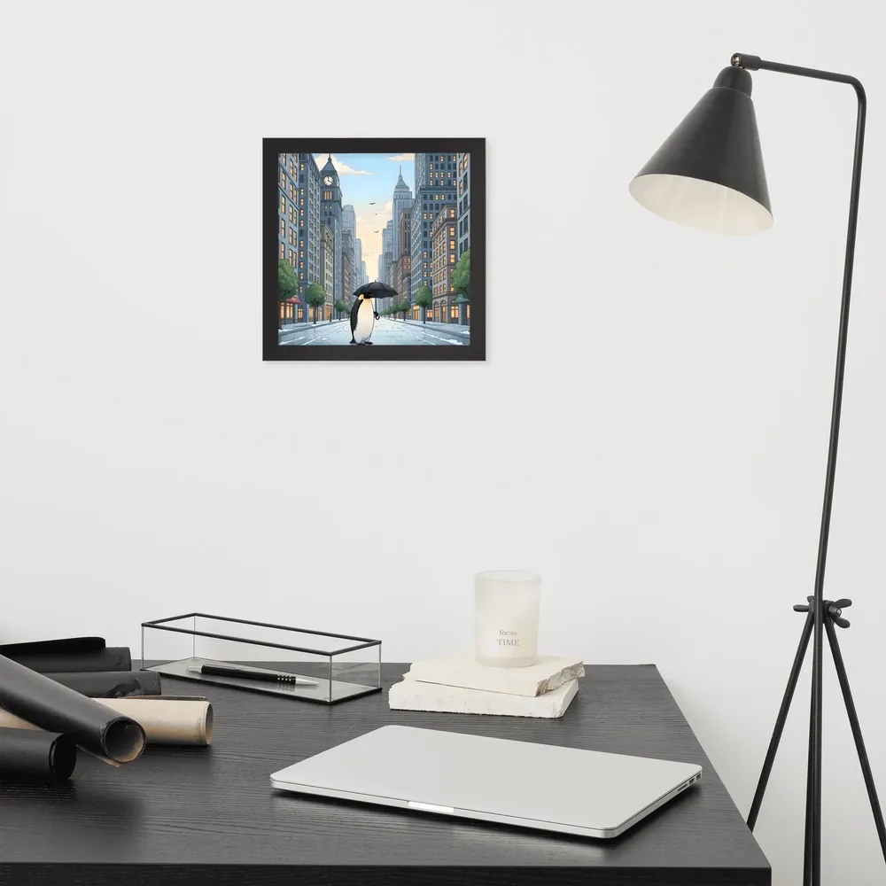 Penguin in the City 
 Poster with Black Frame | 10″x 10″