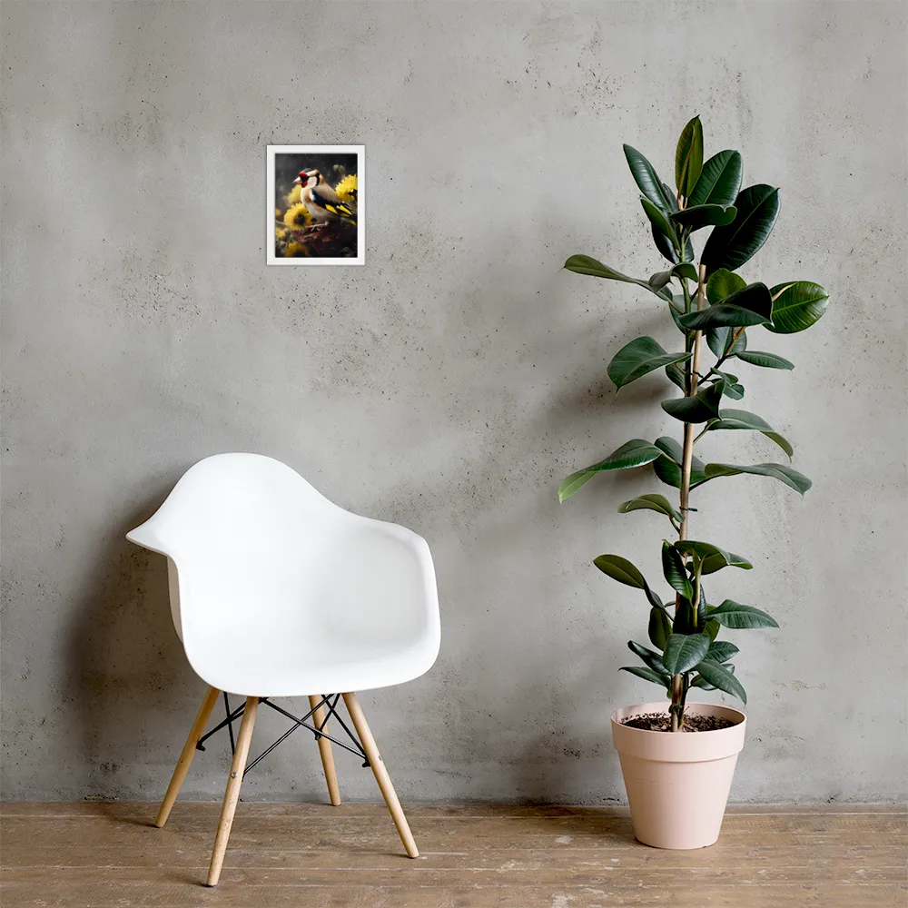 Harmony in Nature: A Goldfinch Amidst Blooms | Poster with White Frame | 8″×10″