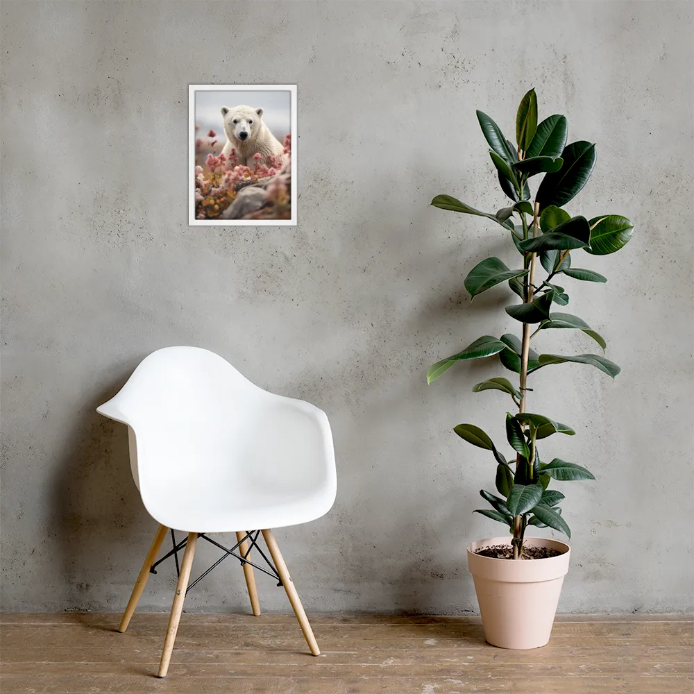 Curiosity Among Blooms: The Polar Bear | Poster with White Frame | 12″×16″