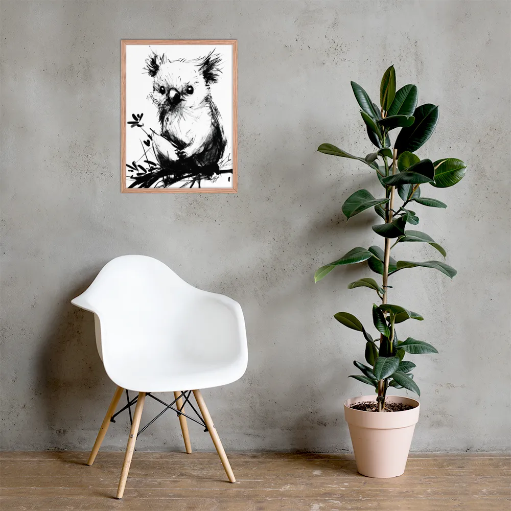Whimsical Koala in Ink | Poster with Red oak Frame | 18″×24″