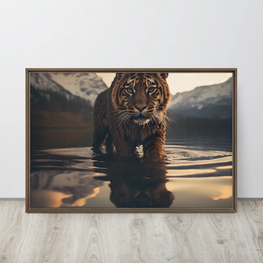 Majestic Reflection: The Tiger's Domain | Canvas with Brown Frame | 24″×36″