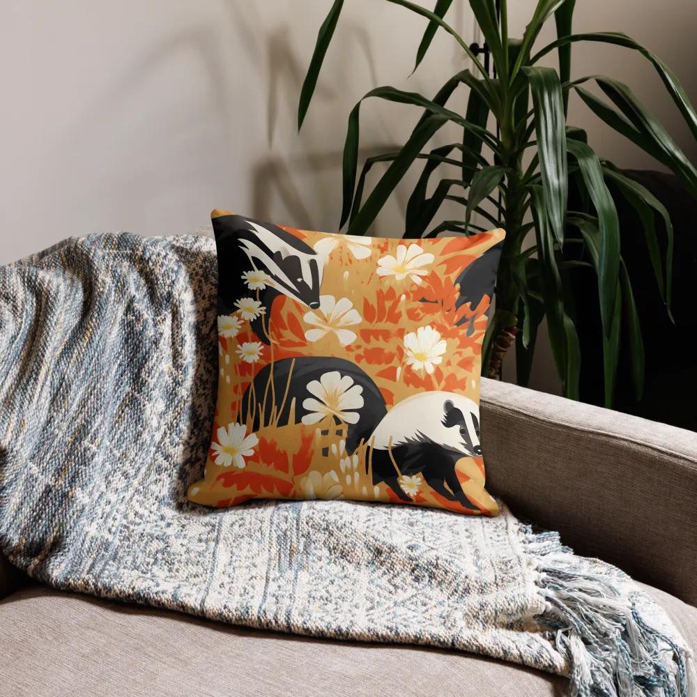 Whimsical Badgers in Bloom | Pillow | 18″×18″