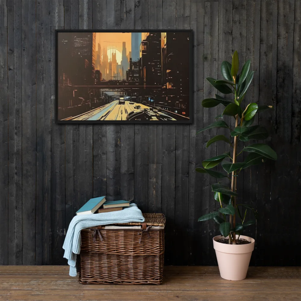 Metro Nexus: A Futuristic Cityscape | Canvas with Black Frame | 24″×36″