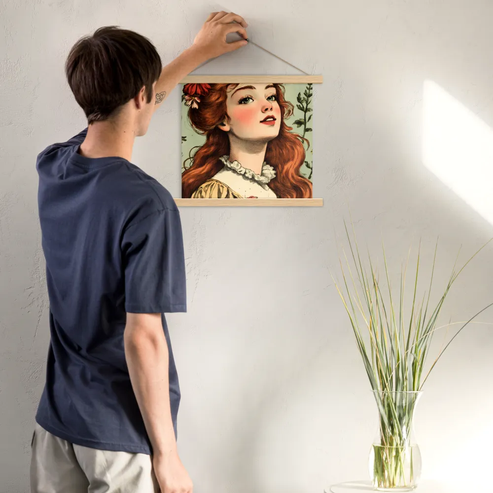 Whimsical Portrait of a Flower-Adorned Girl | Poster With Oak Wood Hanger | 14″×14″