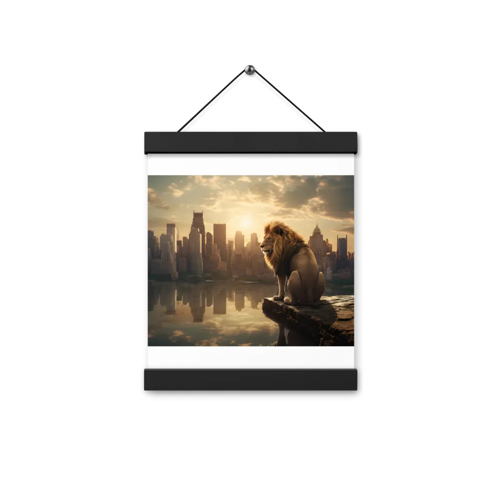 The Lion's Gaze Over the Urban Symphony | Poster With Black Wood Hanger | 8″×10″
