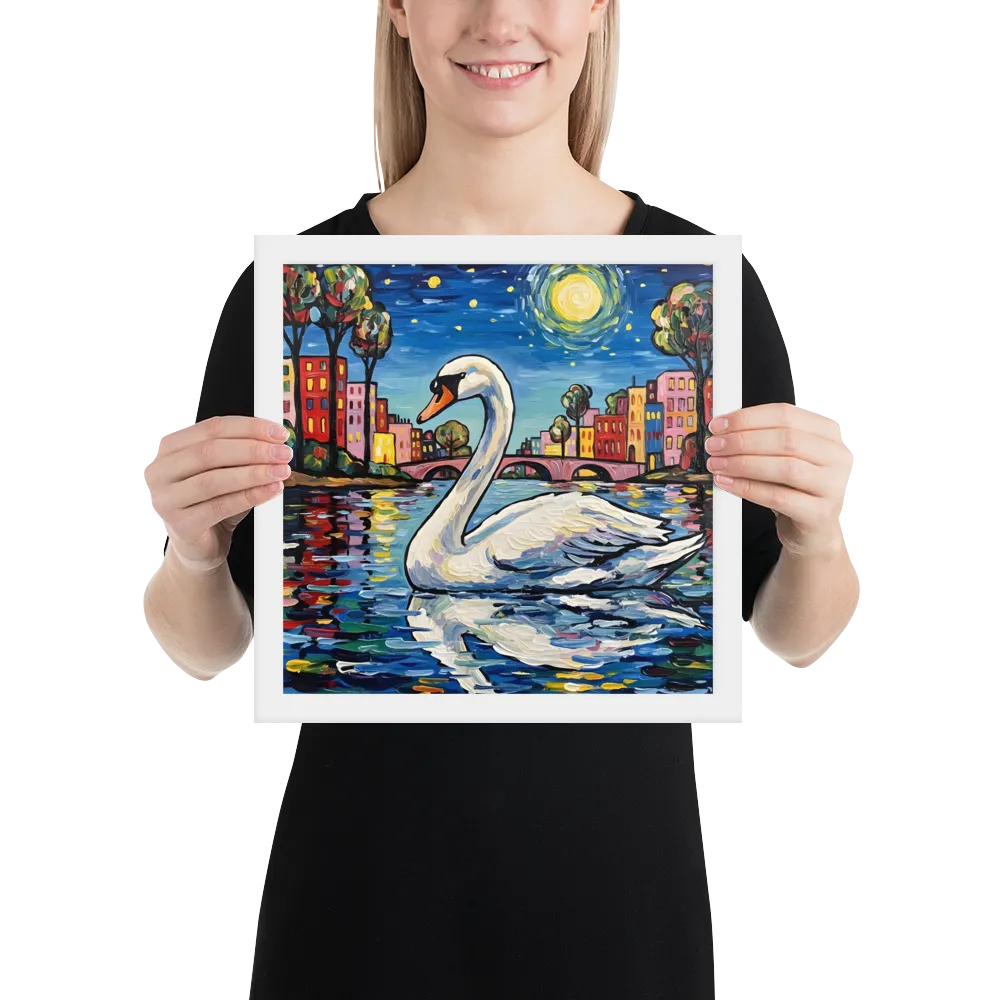 Moonlit Swan 
 Poster with White Frame | 12″x 12″
