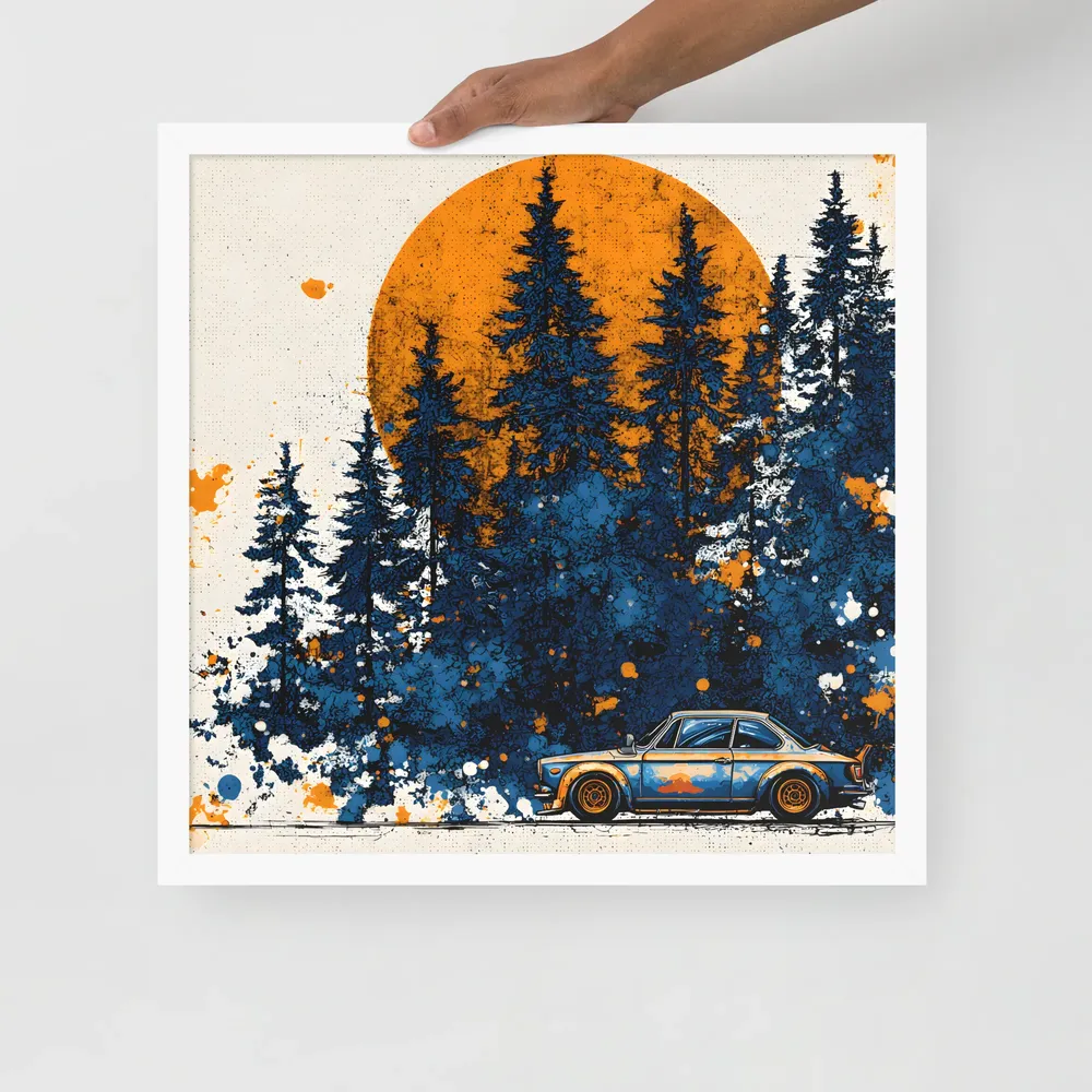 Sunset Forest Drive 
 Poster with White Frame | 18″x 18″