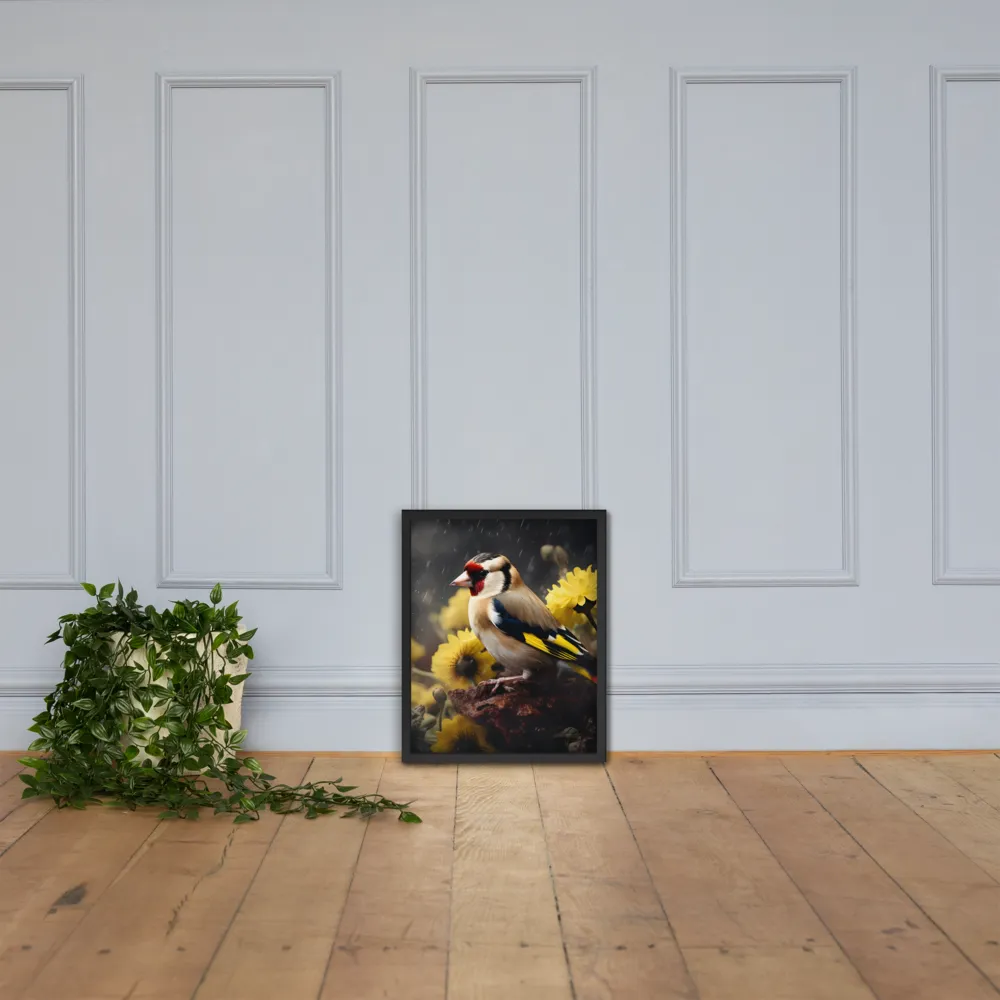 Harmony in Nature: A Goldfinch Amidst Blooms | Poster with Black Frame | 16″×20″