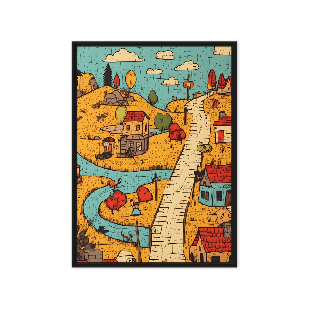 Whimsical Village Landscape | Canvas with Black Frame | 20″×28″