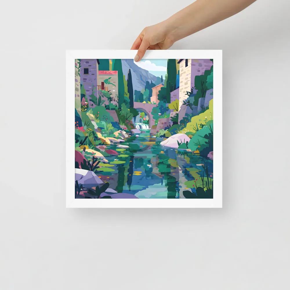 Mountain Village Stream 
 Poster with White Frame | 14″x 14″