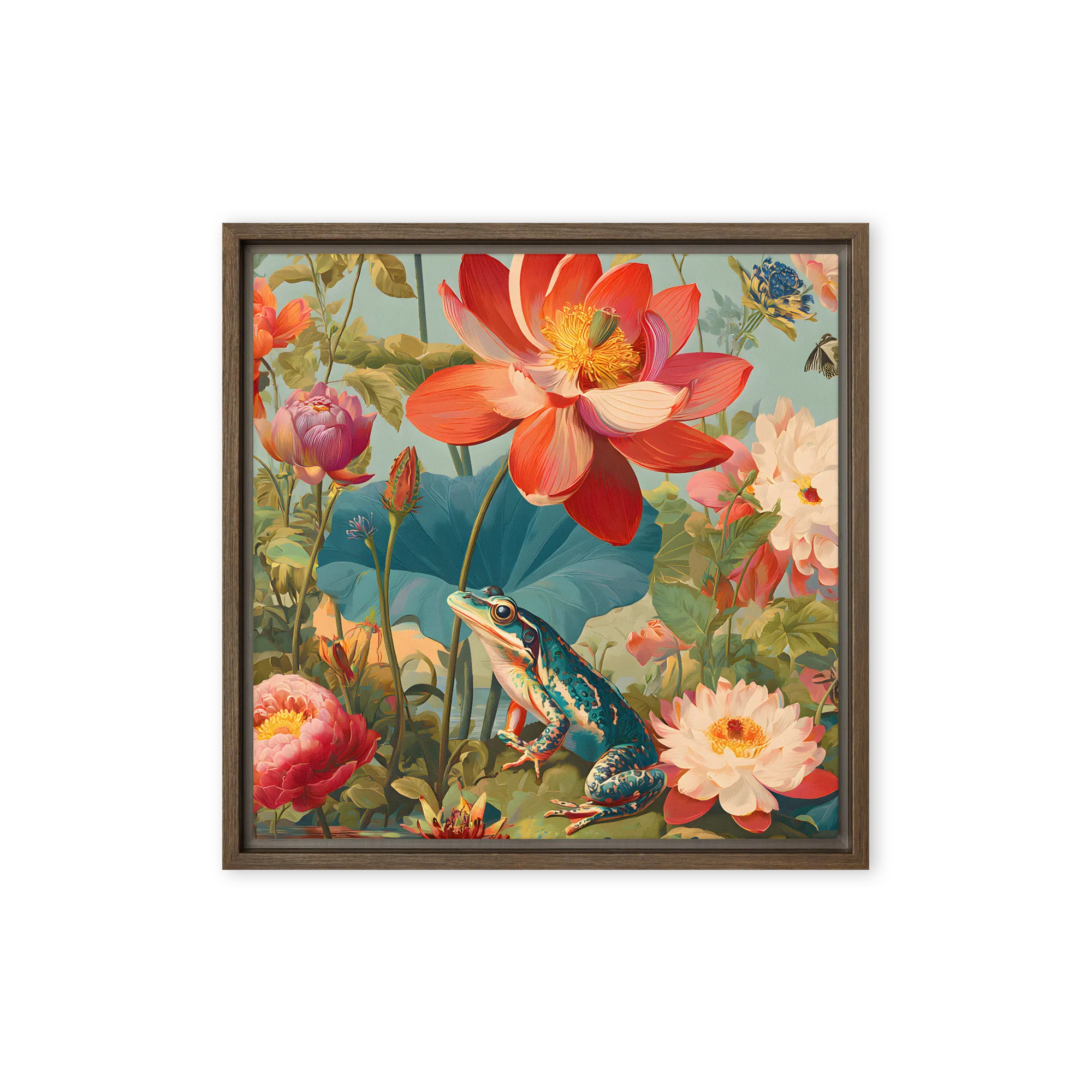 Art Nouveau Frog and Lotus Pond 
 Canvas with Brown Frame