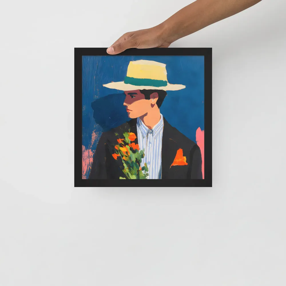 Portrait with Hat and Flowers 
 Poster with Black Frame | 12″x 12″
