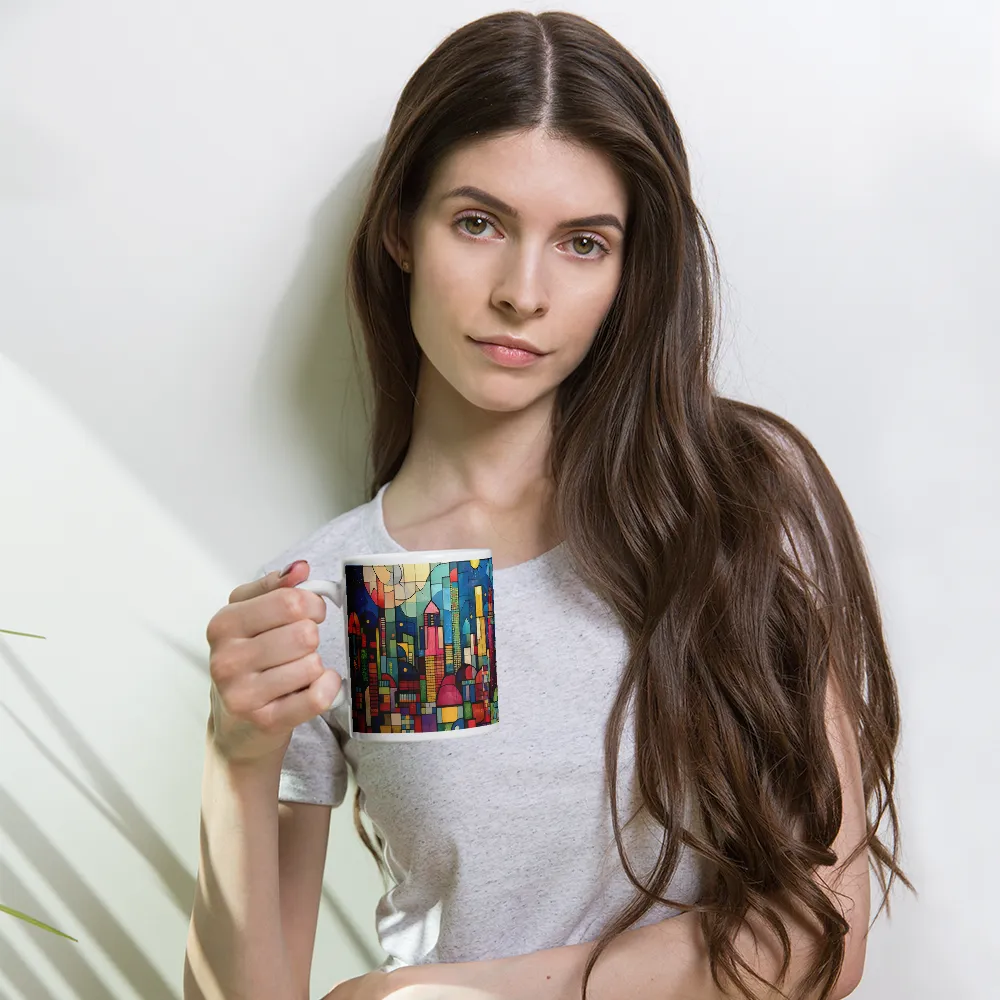 Geometric Harmony: A Vibrant Cityscape | Mug with White inside | 11 oz