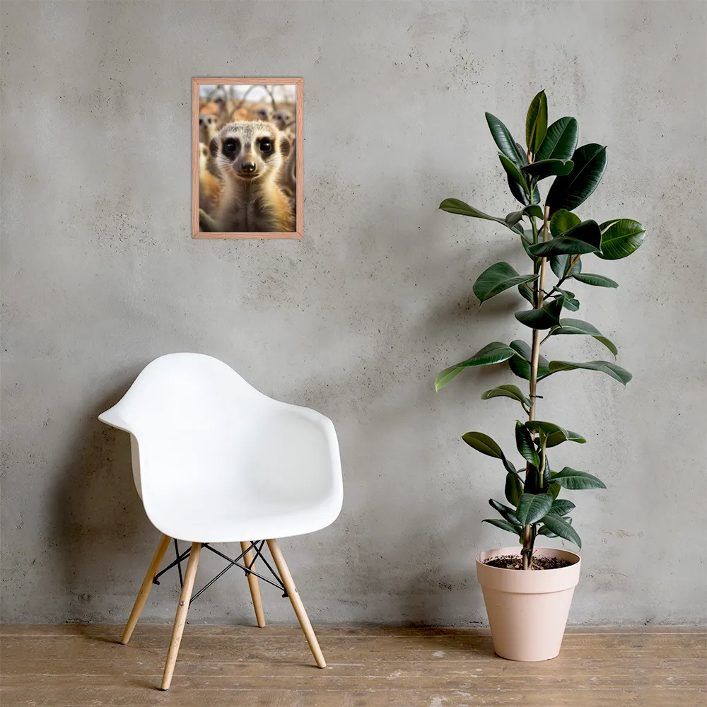 Curious Meerkats in Community | Poster with Red oak Frame | 12″×18″