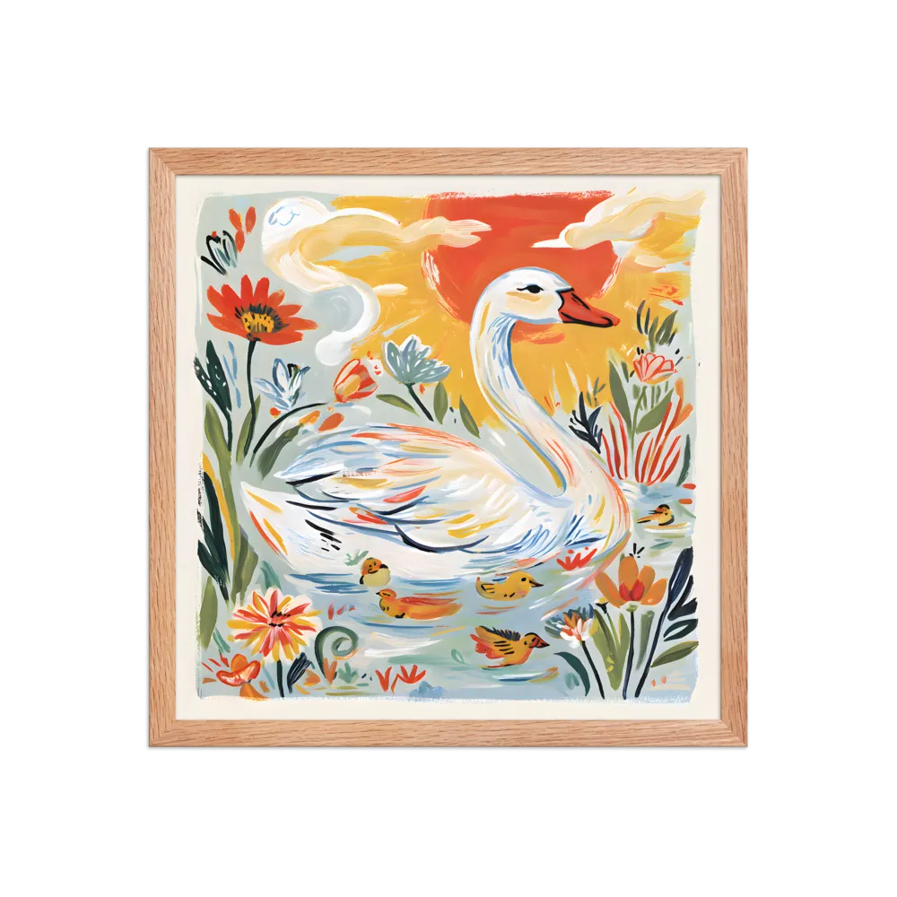 Swan and Ducklings 
 Poster with Red oak Frame | 16″x 16″