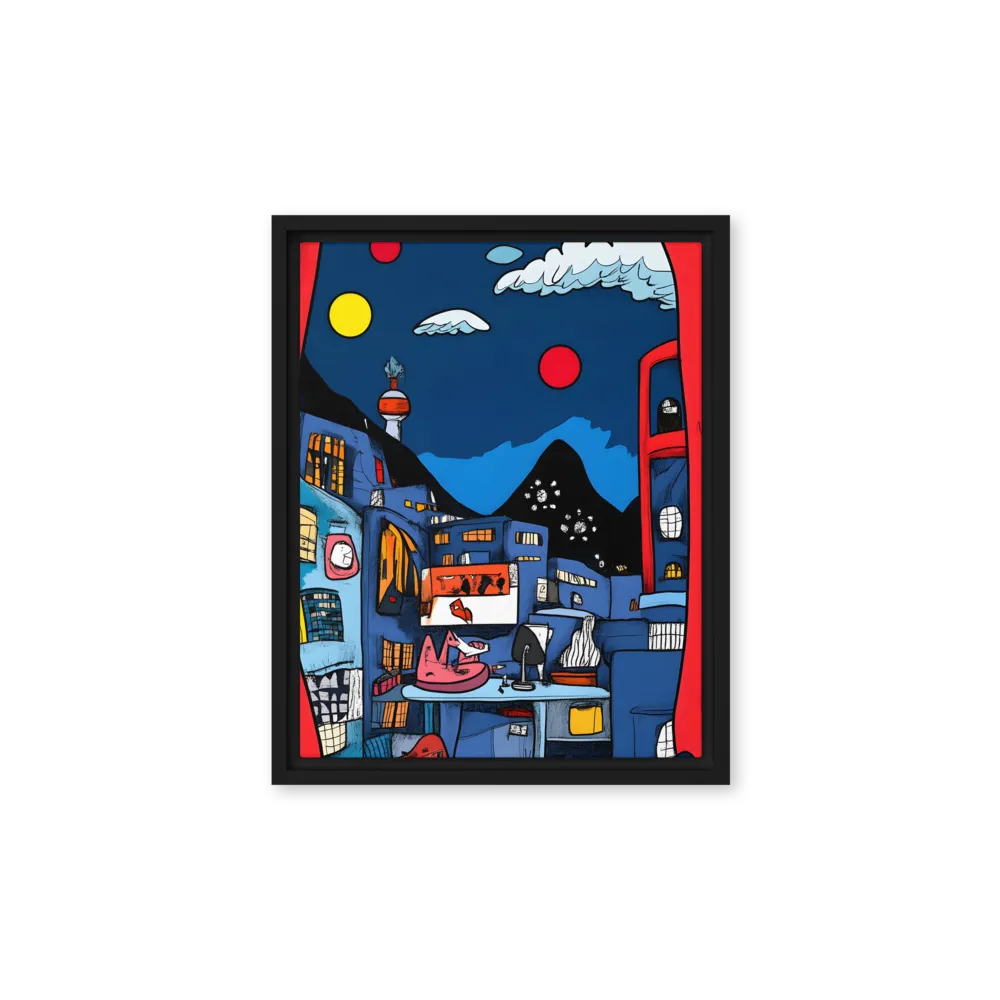 Whimsical Cityscape at Night | Canvas with Black Frame | 11″×14″