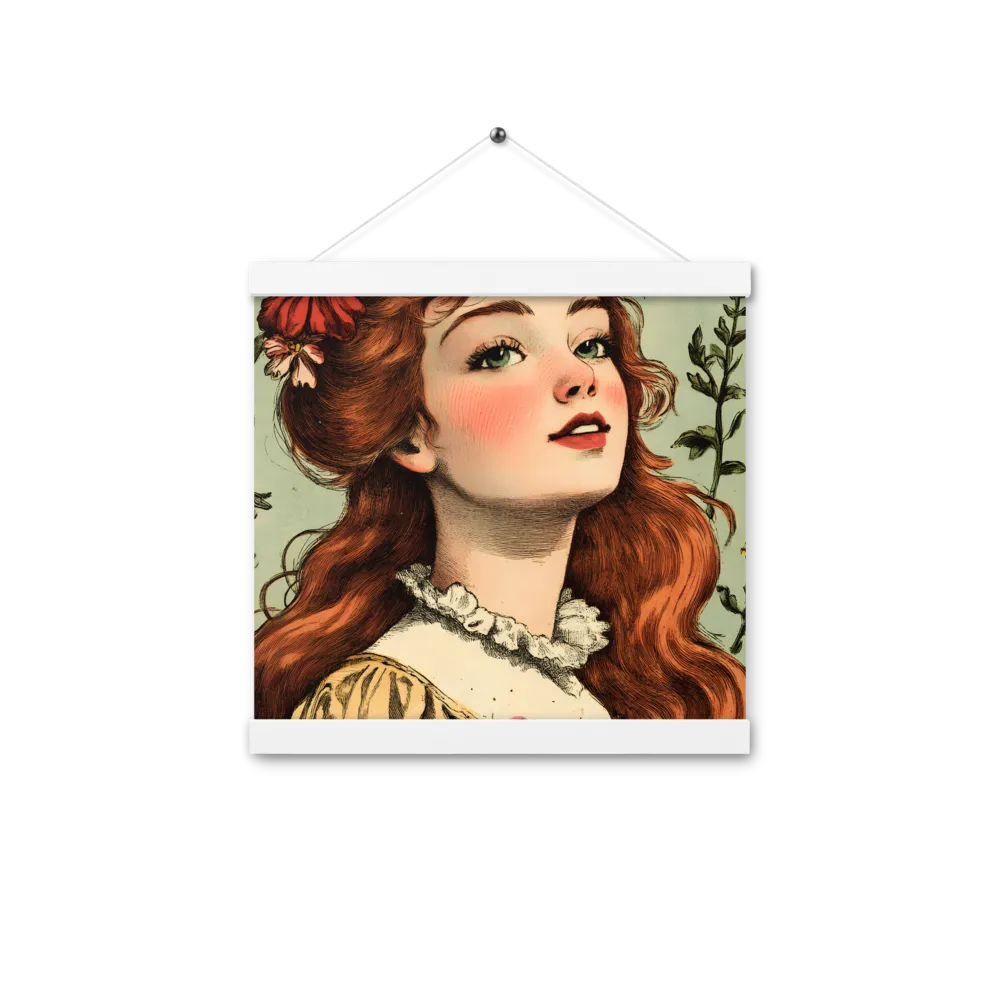 Whimsical Portrait of a Flower-Adorned Girl | Poster With White Wood Hanger | 12″×12″