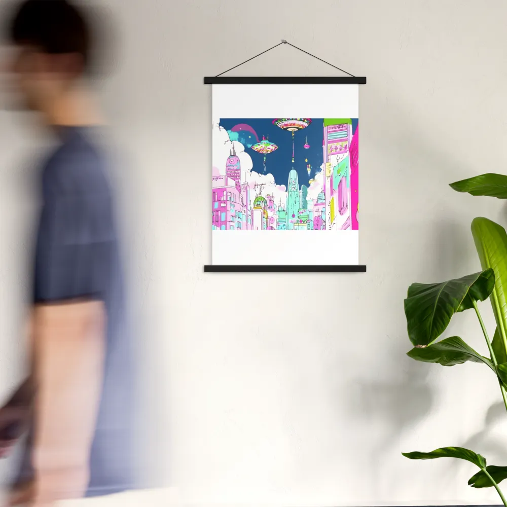 Futuristic Cityscape with Floating Structures | Poster With Black Wood Hanger | 18″×24″