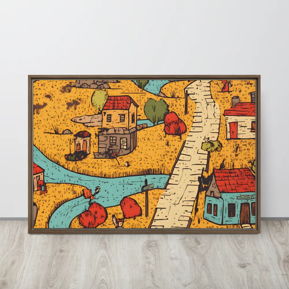 Whimsical Village Landscape | Canvas with Brown Frame | 24″×36″
