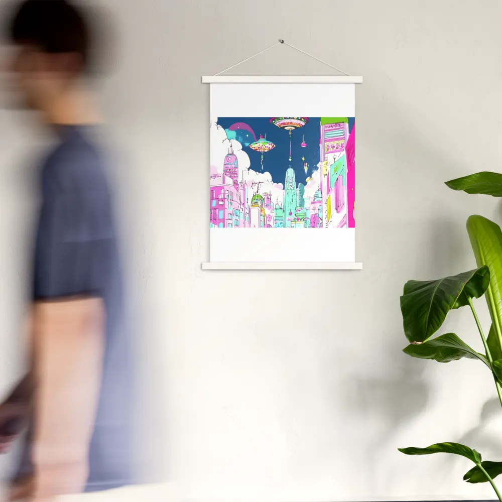 Futuristic Cityscape with Floating Structures | Poster With White Wood Hanger | 18″×24″
