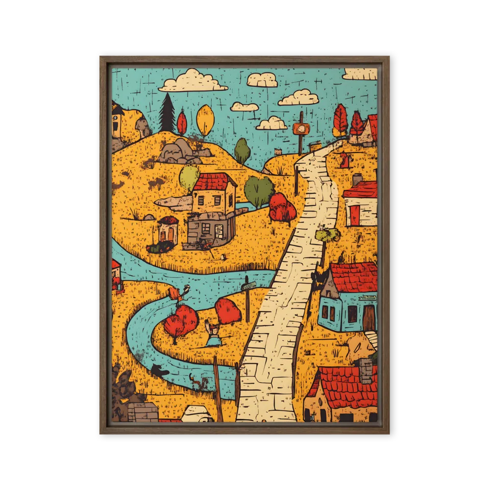 Whimsical Village Landscape | Canvas with Brown Frame | 24″×32″