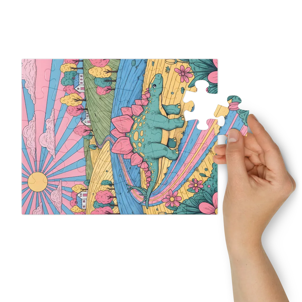Pastel Meadow Stegosaurus 
 Jigsaw Puzzle in Tin Box