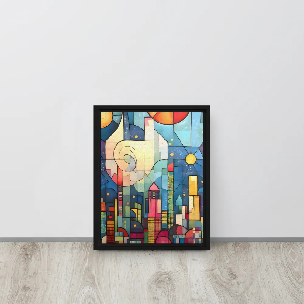 Geometric Harmony: A Vibrant Cityscape | Canvas with Black Frame | 11″×14″