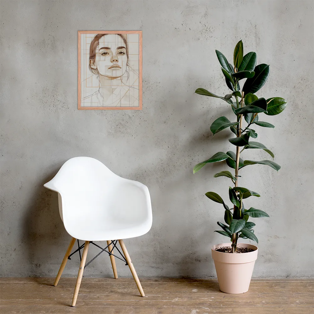 Geometric Serenity: A Minimalist Portrait | Poster with Red oak Frame | 16″×20″