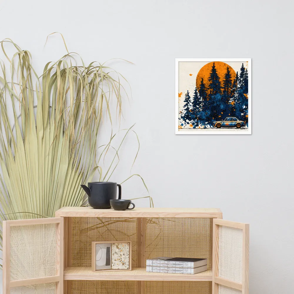 Sunset Forest Drive 
 Poster with White Frame | 18″x 18″