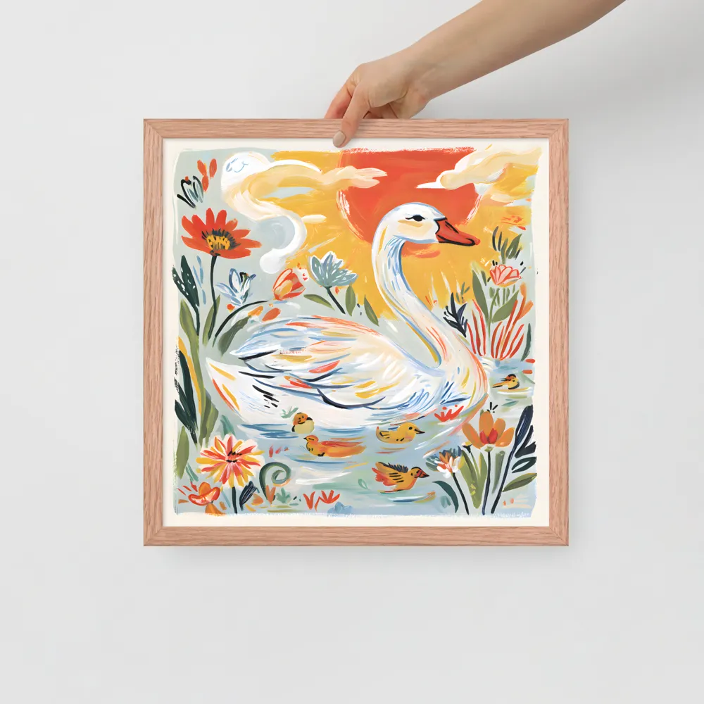 Swan and Ducklings 
 Poster with Red oak Frame | 16″x 16″