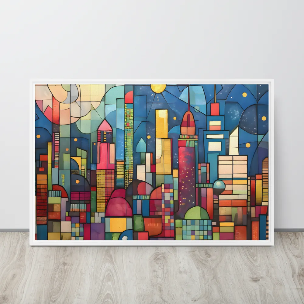 Geometric Harmony: A Vibrant Cityscape | Canvas with White Frame | 24″×36″