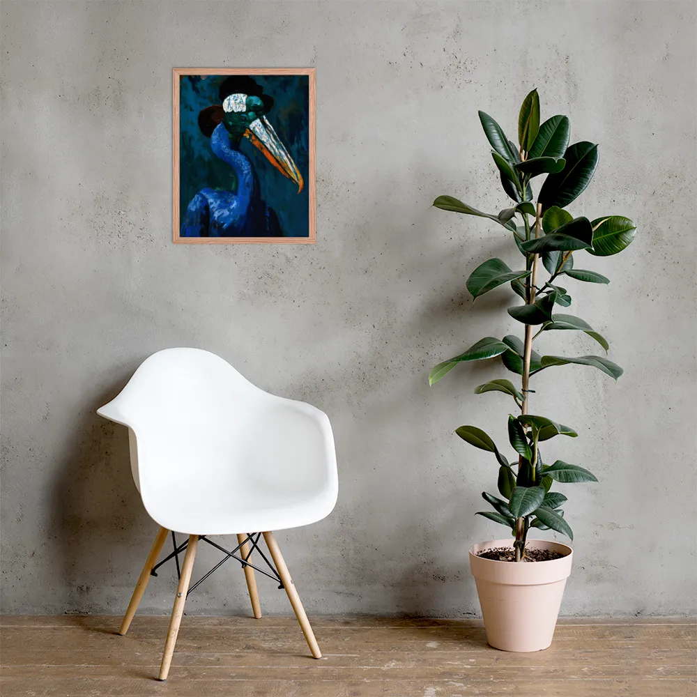 Majestic Absurdity: The Hat-Wearing Bird | Poster with Red oak Frame | 16″×20″