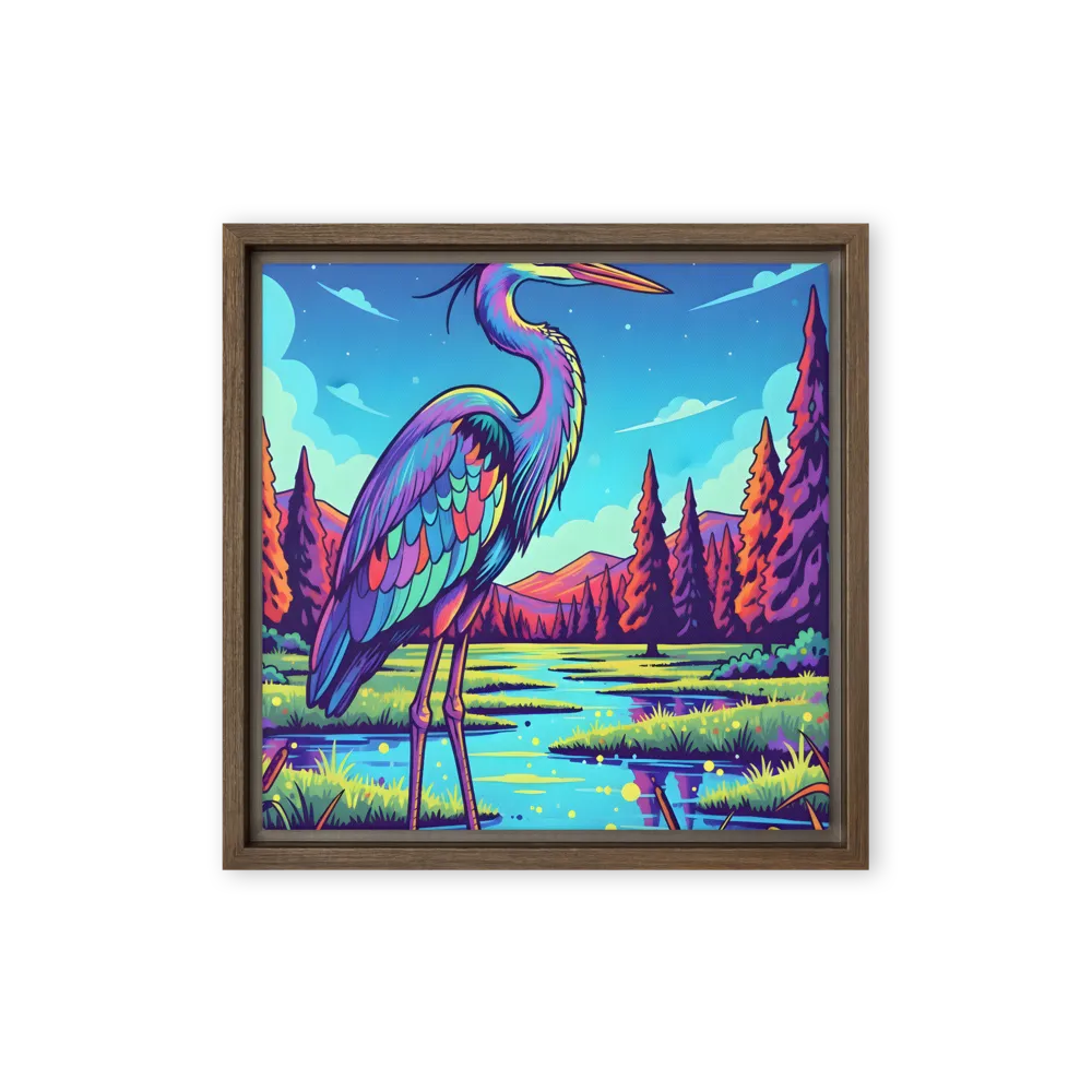 Neon Heron 
 Canvas with Brown Frame