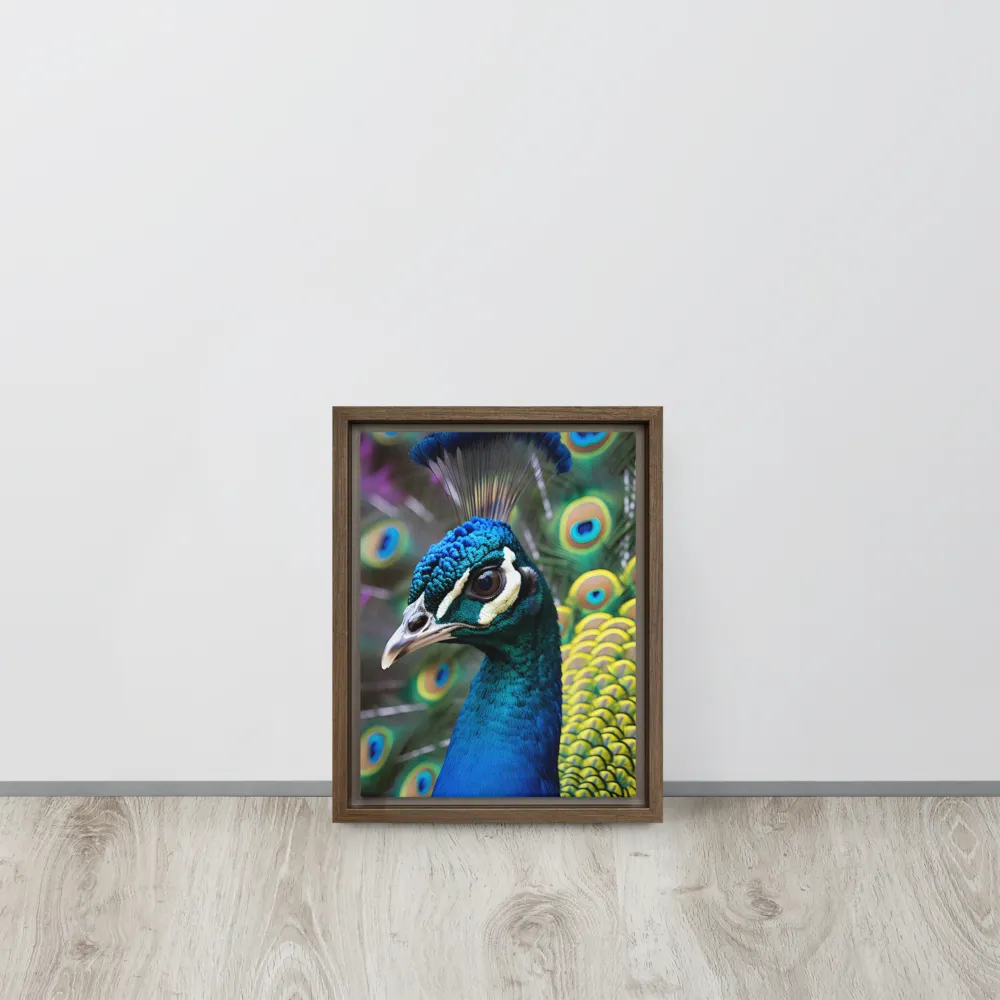Regal Plumage: The Peacock's Splendor | Canvas with Brown Frame | 9″×12″