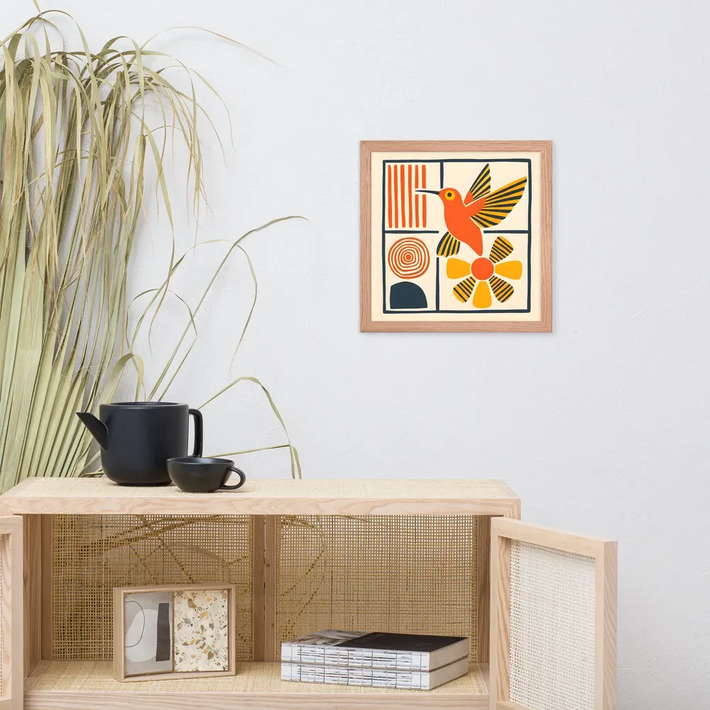 Hummingbird & Flower Panel 
 Poster with Red oak Frame | 14″x 14″