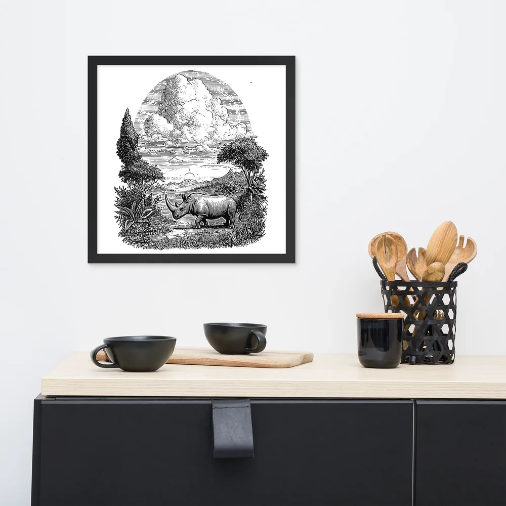 Rhinoceros Engraving 
 Poster with Black Frame | 16″x 16″