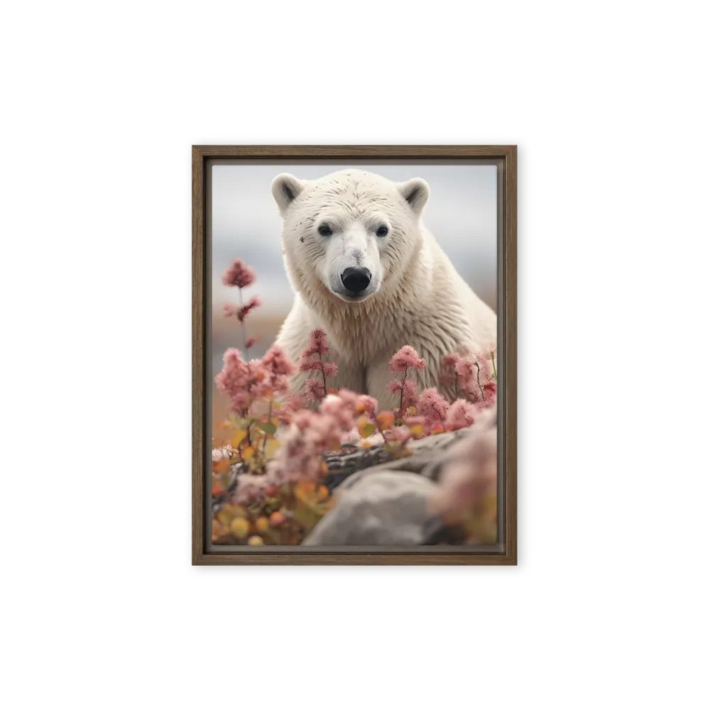 Curiosity Among Blooms: The Polar Bear | Canvas with Brown Frame | 9″×12″