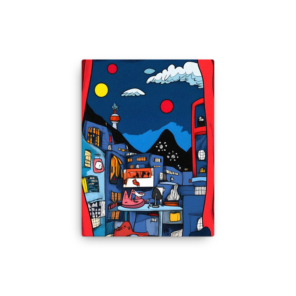 Whimsical Cityscape at Night | Thin Canvas | 9″×12″