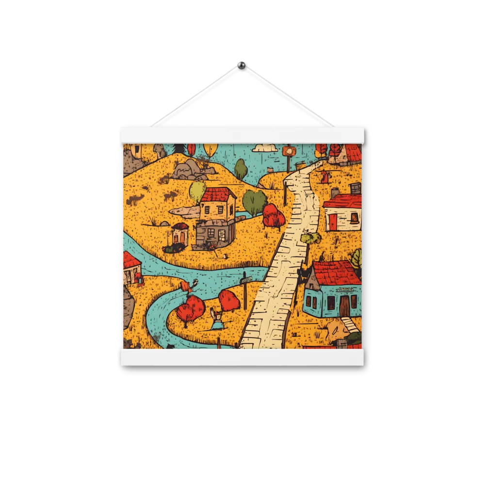 Whimsical Village Landscape | Poster With White Wood Hanger | 12″×12″