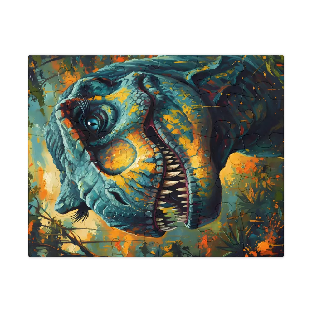 Teal Tyrant — T. rex Painting 
 Jigsaw Puzzle in Tin Box