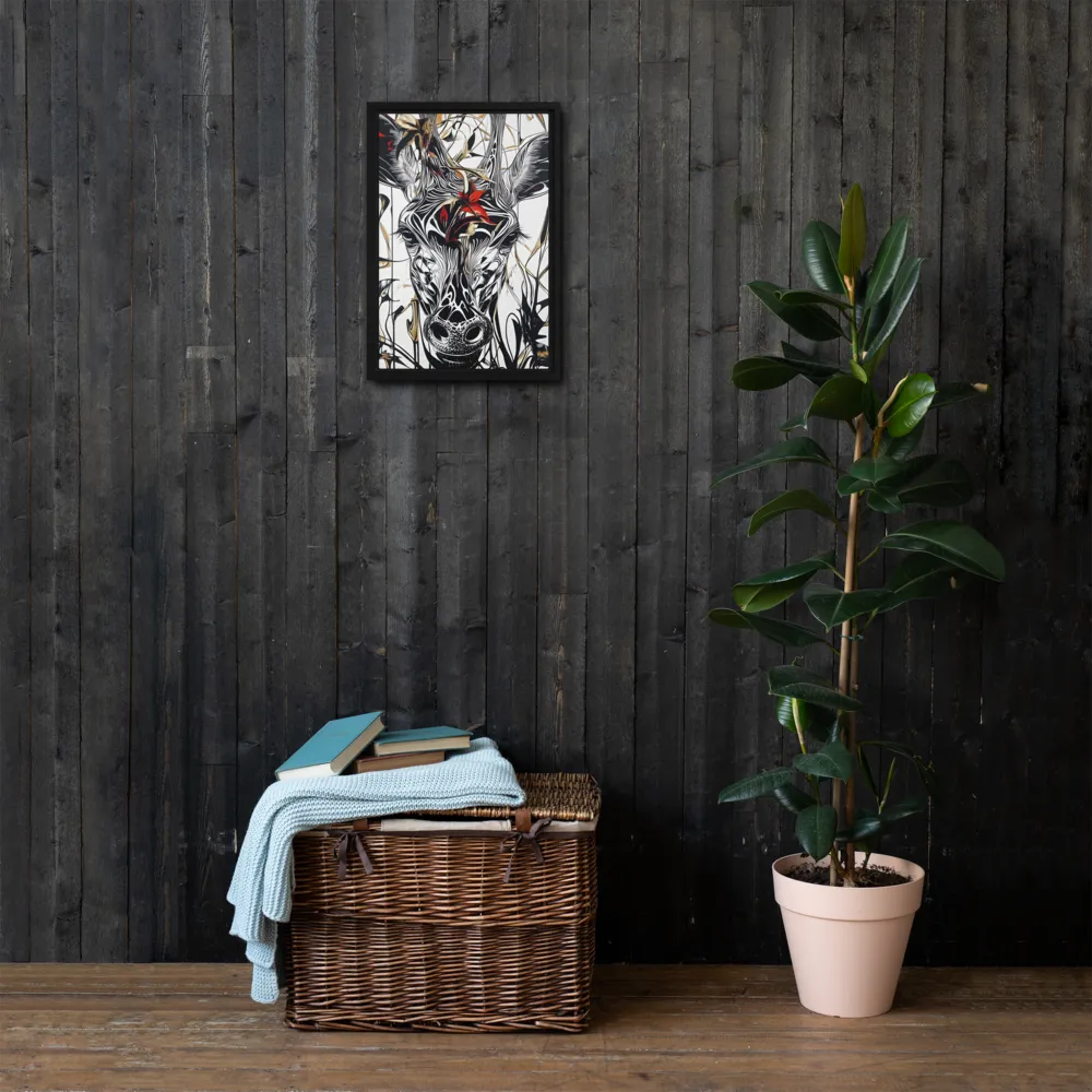 Floral Elegance: The Giraffe's Portrait | Canvas with Black Frame | 12″×18″