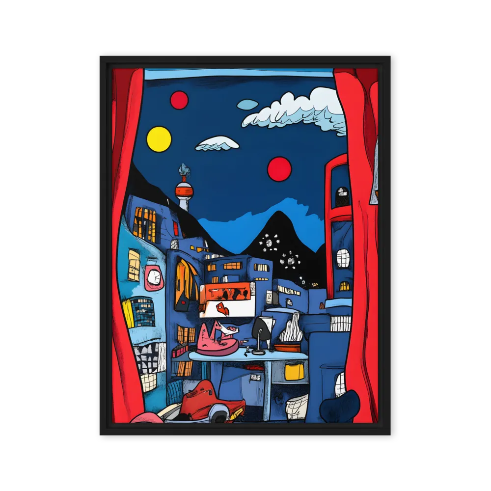 Whimsical Cityscape at Night | Canvas with Black Frame | 24″×32″