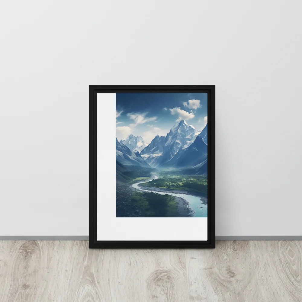 Majestic Serenity: A Landscape of Mountains and Rivers | Canvas with Black Frame | 12″×16″