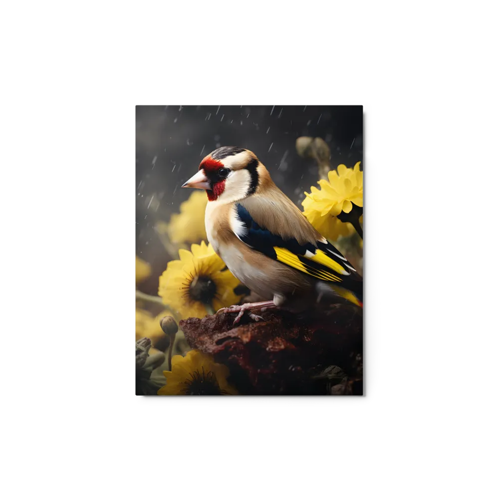 Harmony in Nature: A Goldfinch Amidst Blooms | Metal Print | 11″×14″