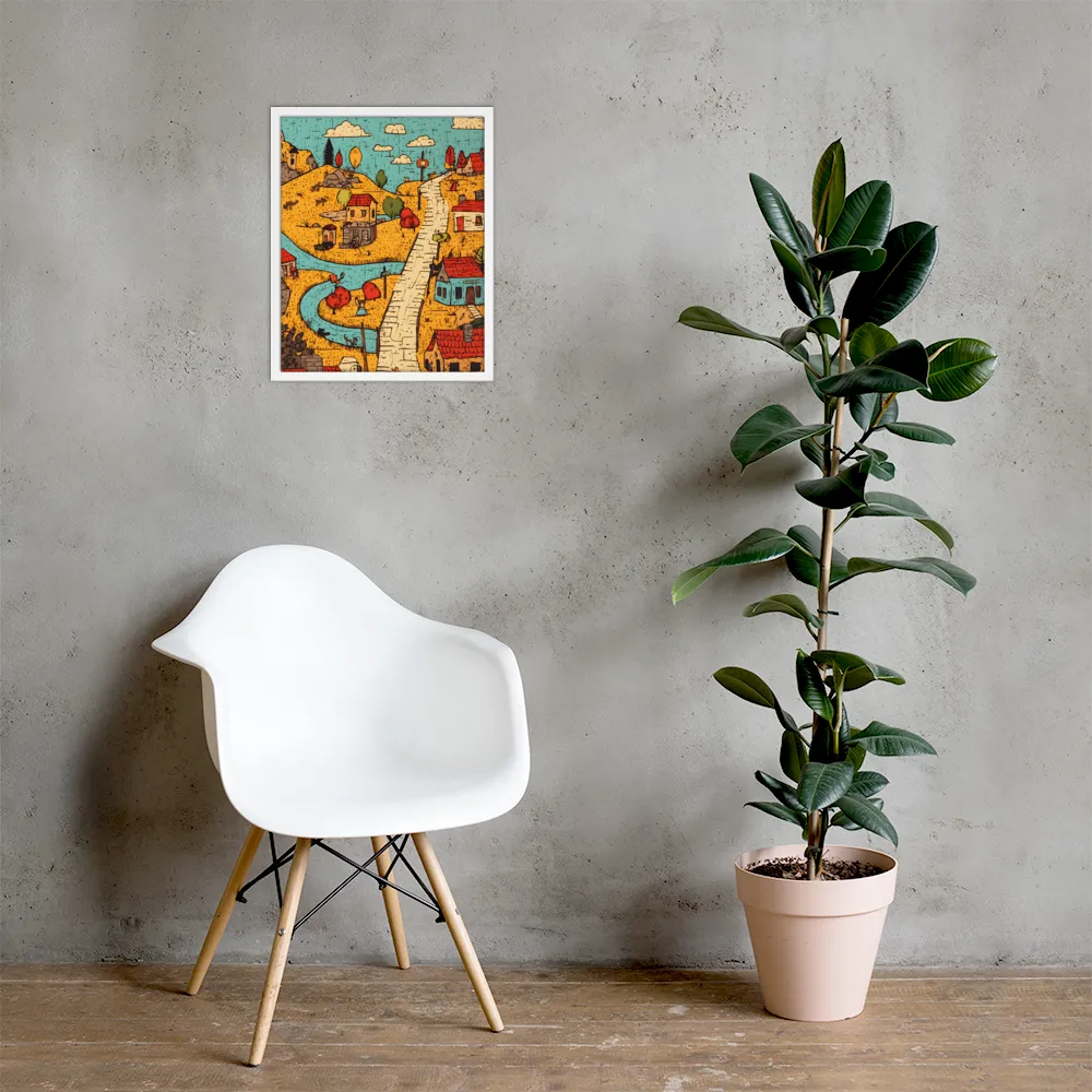 Whimsical Village Landscape | Poster with White Frame | 16″×20″