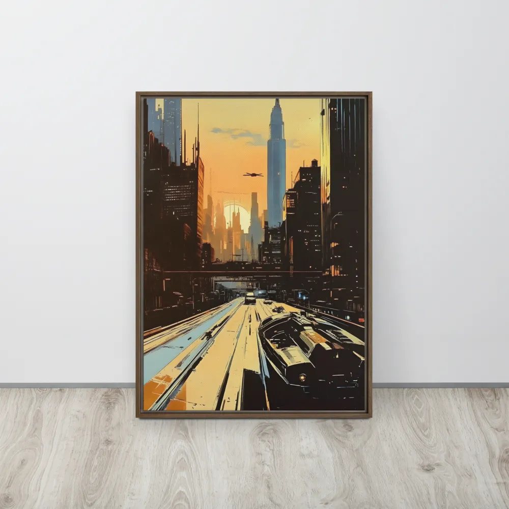 Metro Nexus: A Futuristic Cityscape | Canvas with Brown Frame | 20″×28″
