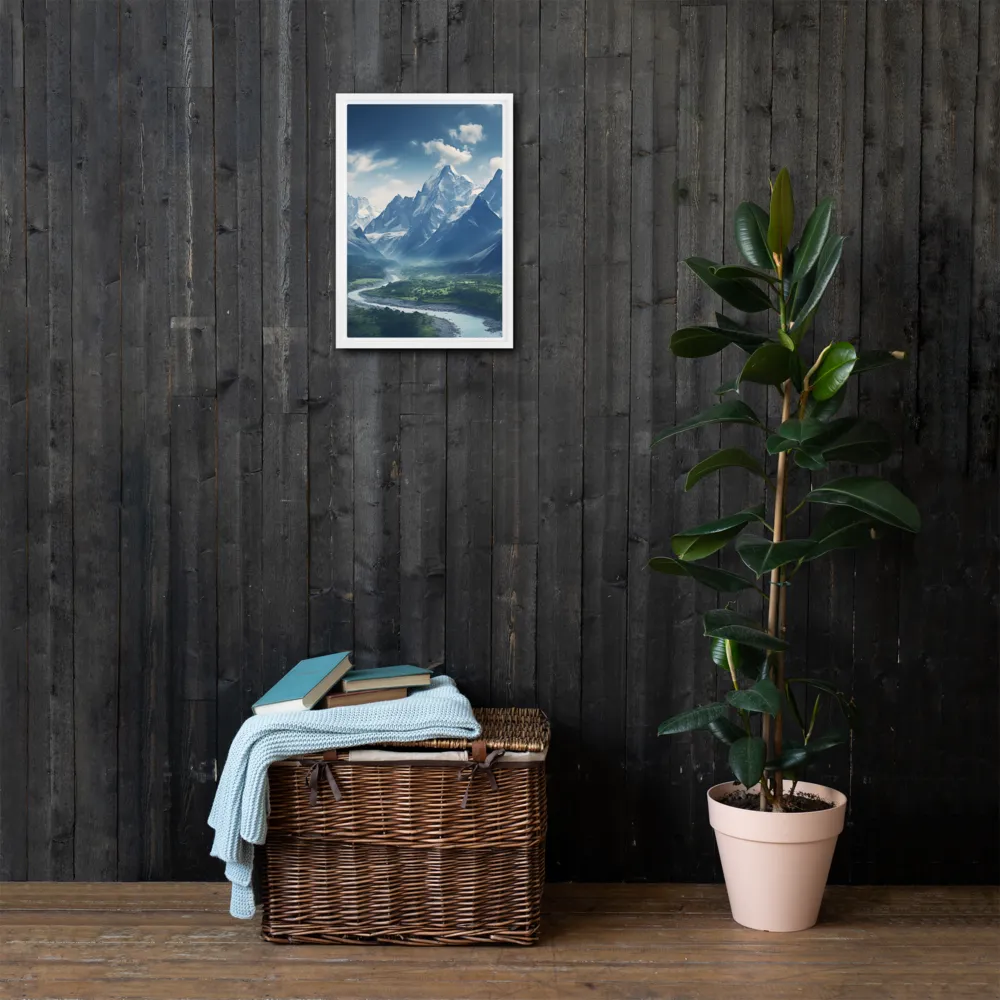 Majestic Serenity: A Landscape of Mountains and Rivers | Canvas with White Frame | 12″×18″