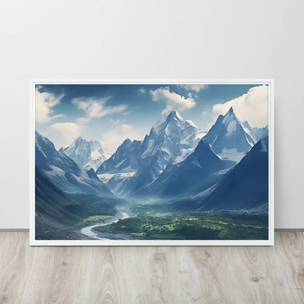 Majestic Serenity: A Landscape of Mountains and Rivers | Canvas with White Frame | 24″×36″